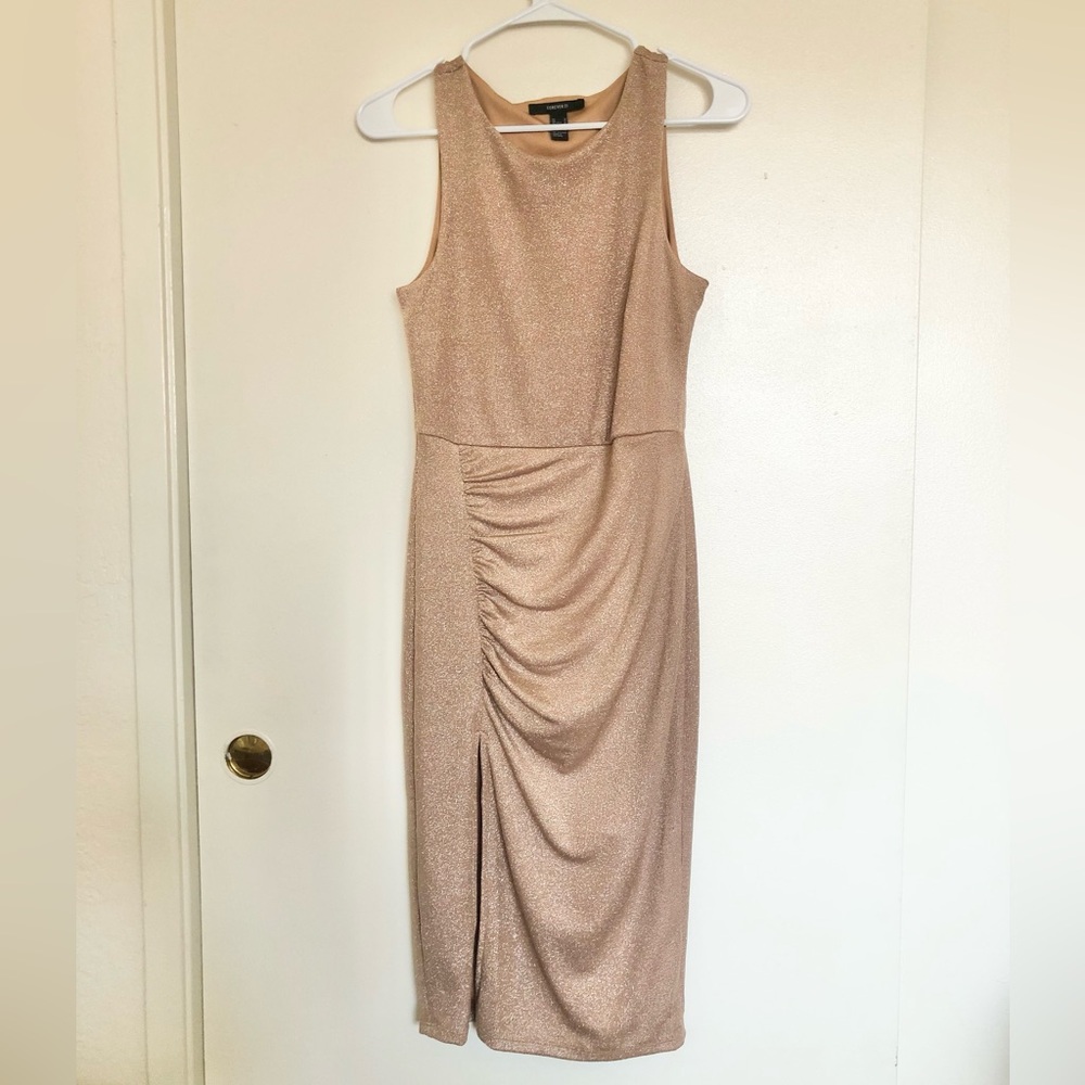Forever 21 Gold Shimmer Ruched Side Slit Midi Dress NWOT
